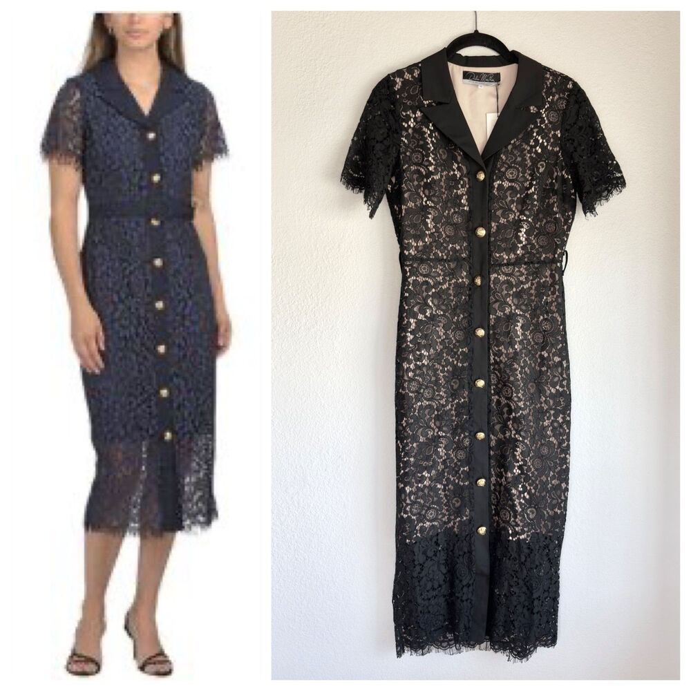 NWT Dahlia MacPhee Illusion Lace Button Front Short Sleeve Midi Dress in Black S